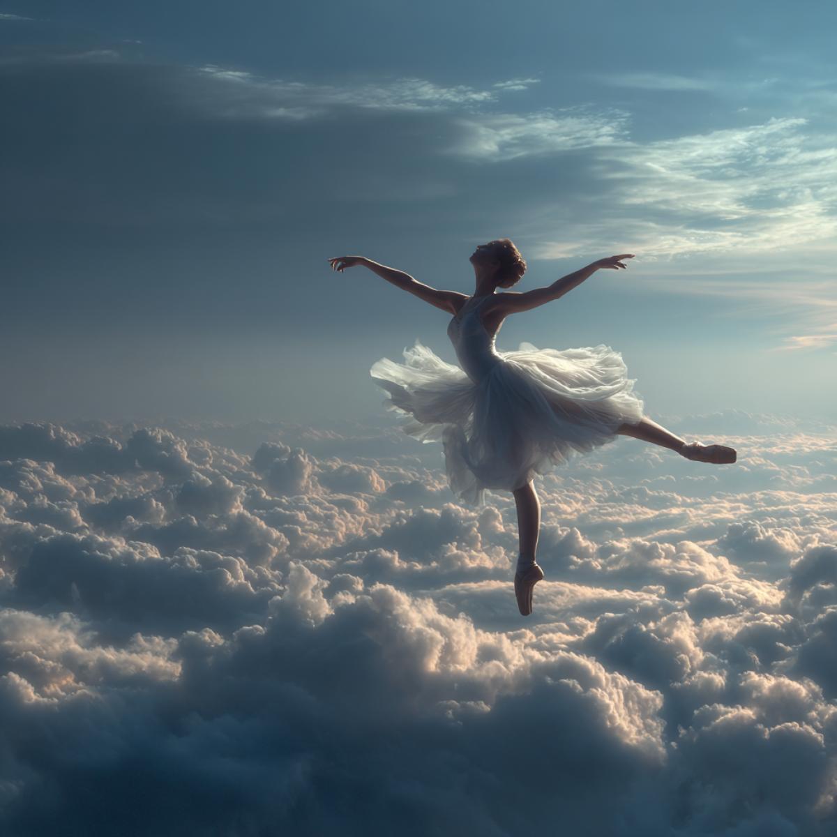 The ballerina in the jump soars in the dance over the clouds, the clouds are scattered fog . Realistic art photo, 4 k, distant plan