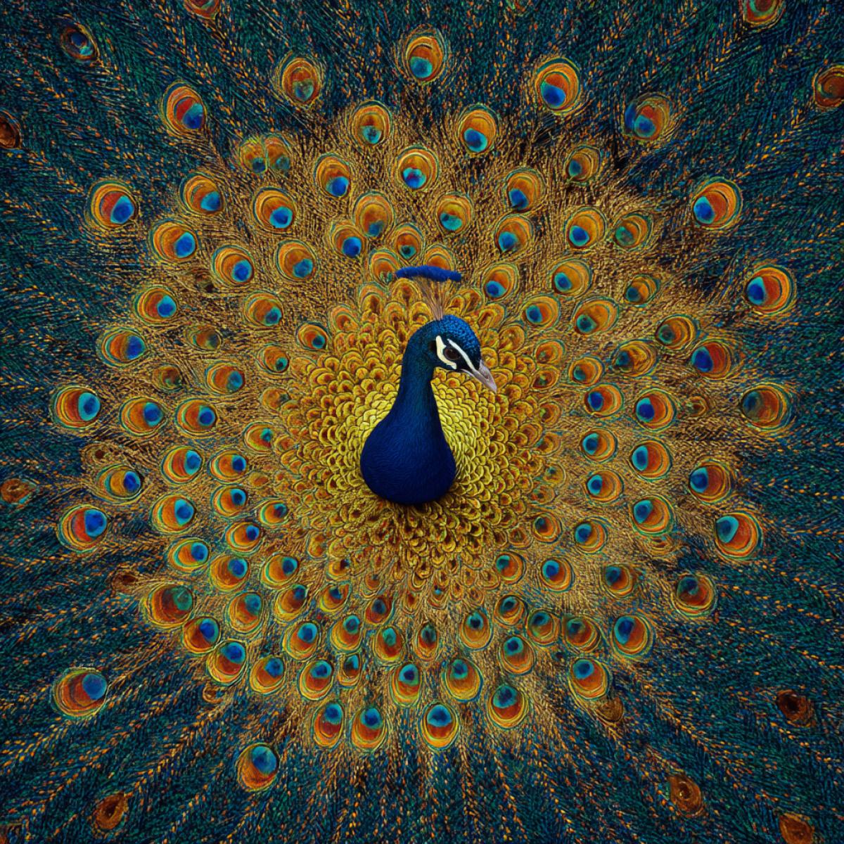 A bright peacock, with a loose tail in a circle. Top view of a wideangle lens