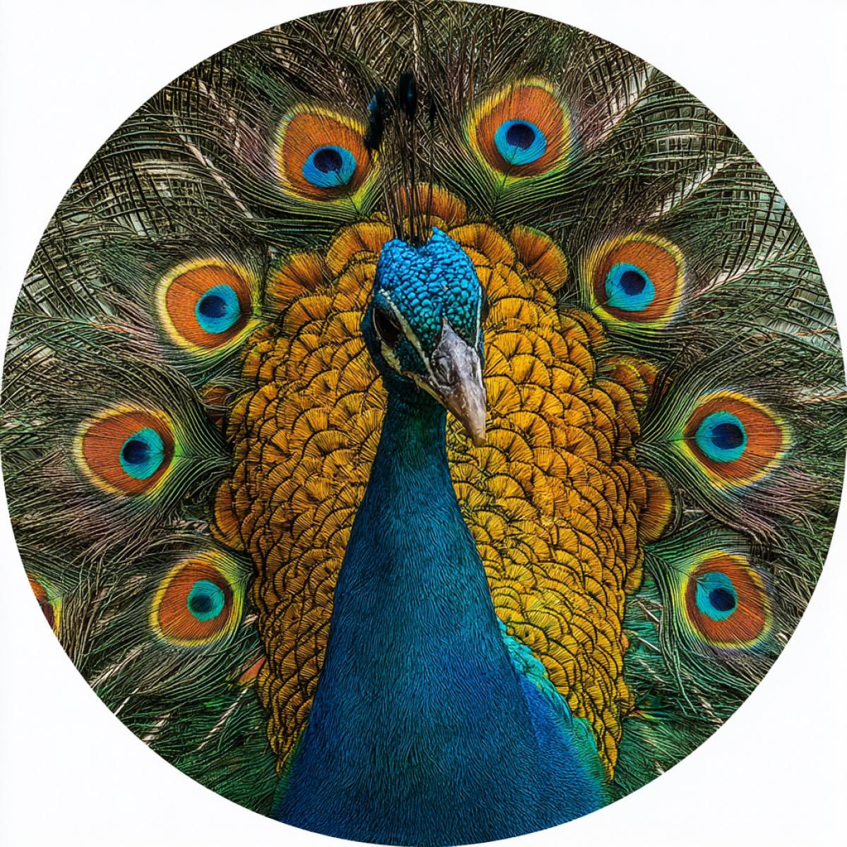 A bright peacock, with a loose tail in a circle. Top view of a wideangle lens