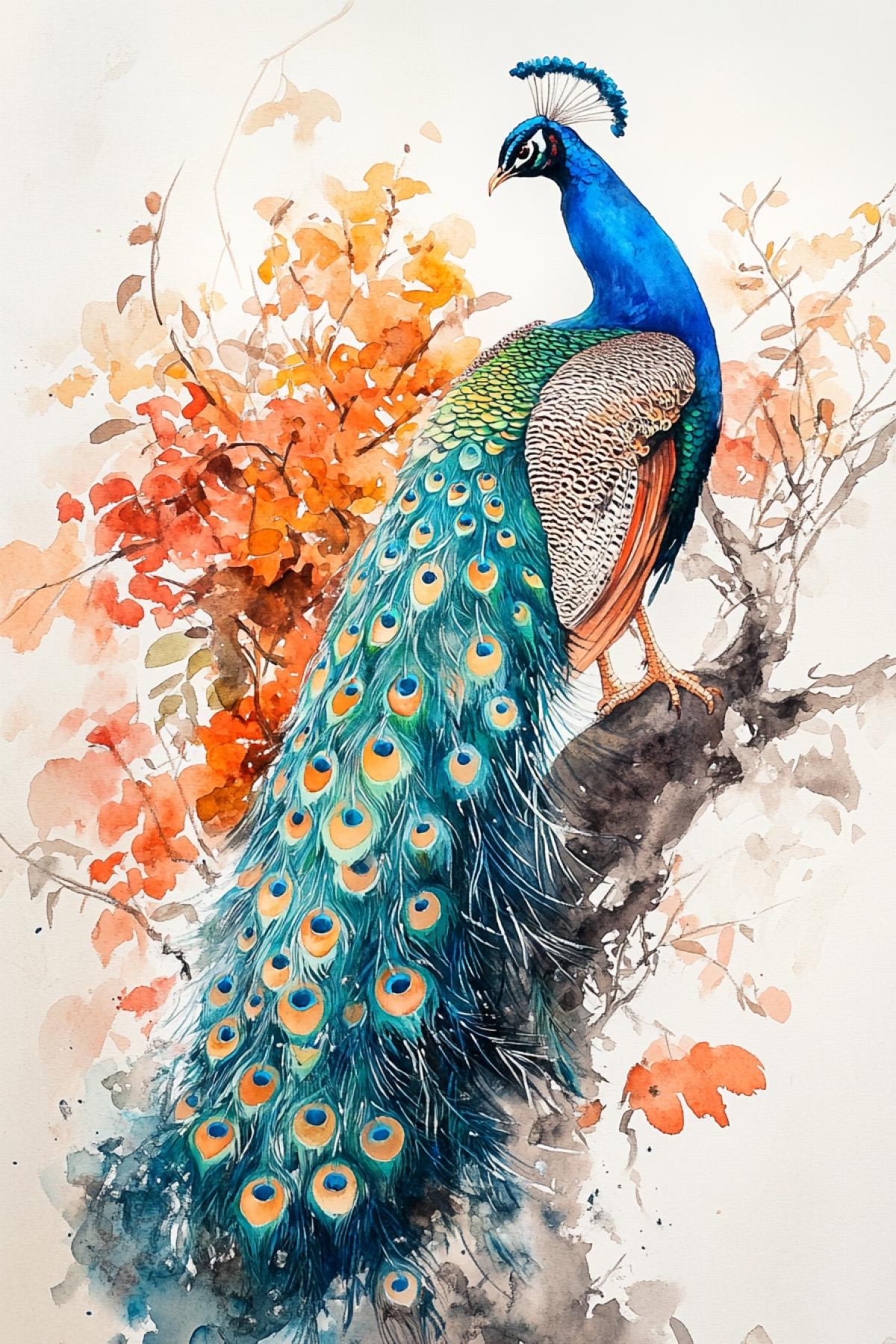 A majestic bright peacock in all its glory with an open tail in the center of the city in the style of watercolor