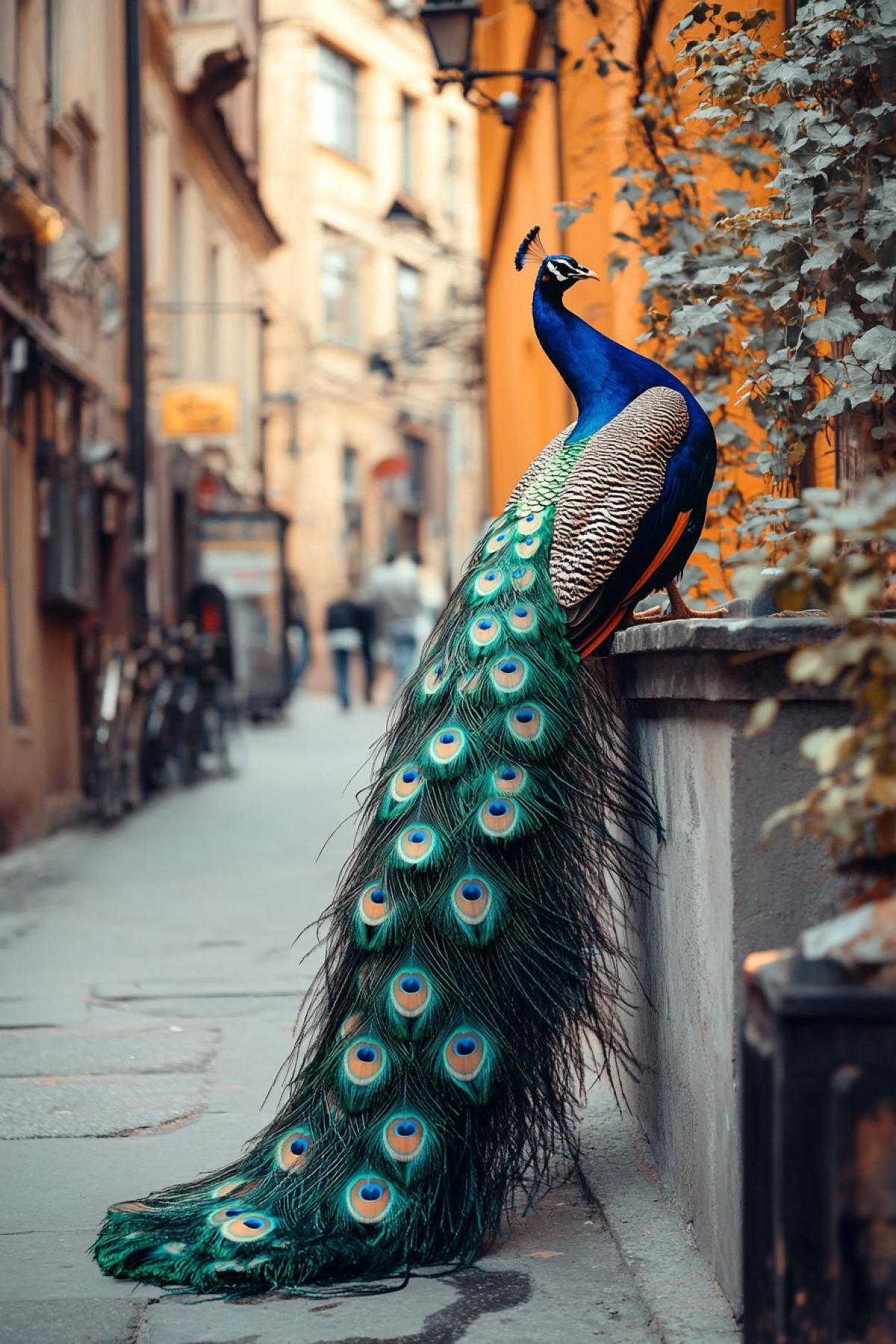 A majestic bright peacock in all its glory with an open tail in the center of the city in the style of a real photo shoot