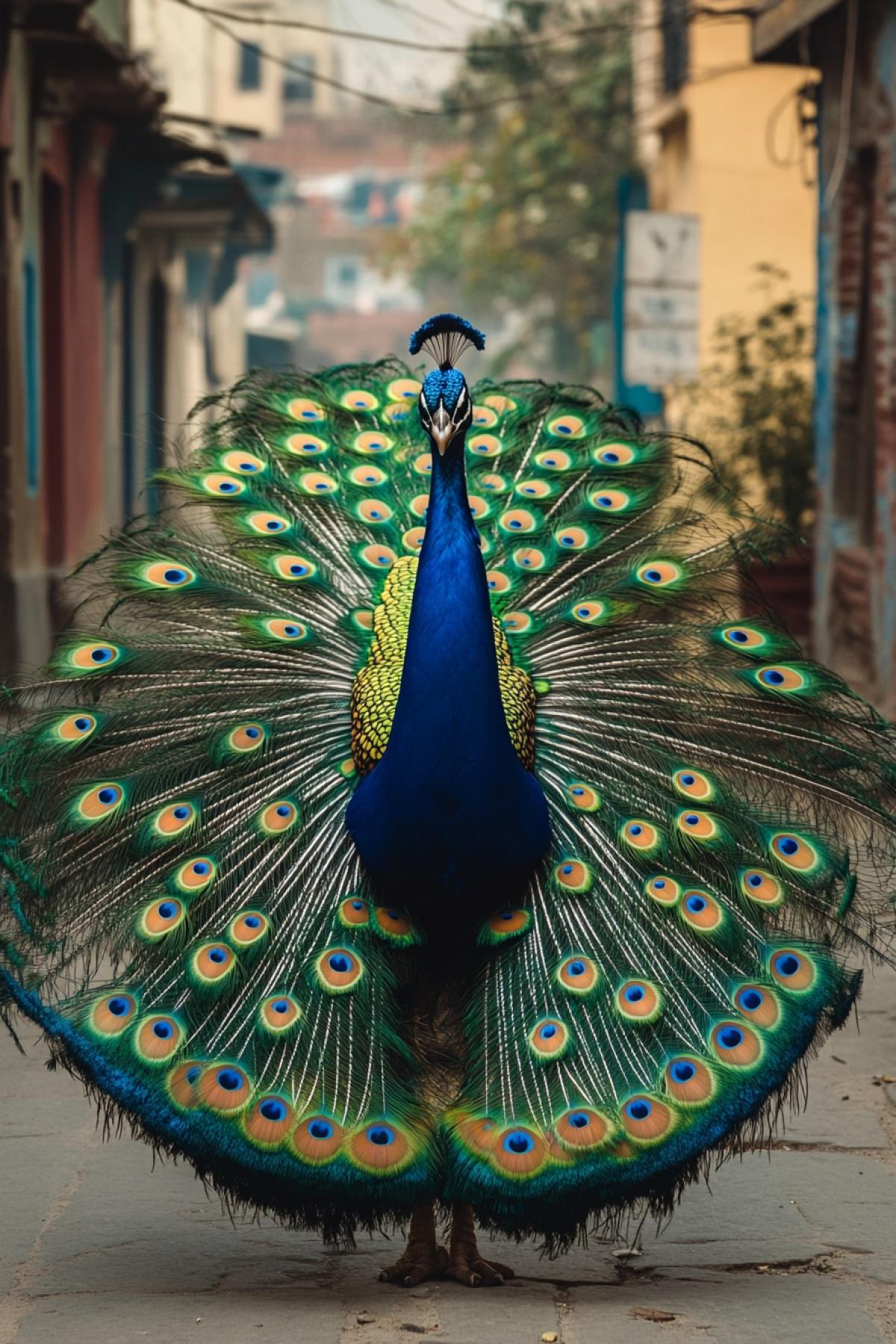A majestic bright peacock in all its glory with an open tail in the center of the city in the style of a real photo shoot