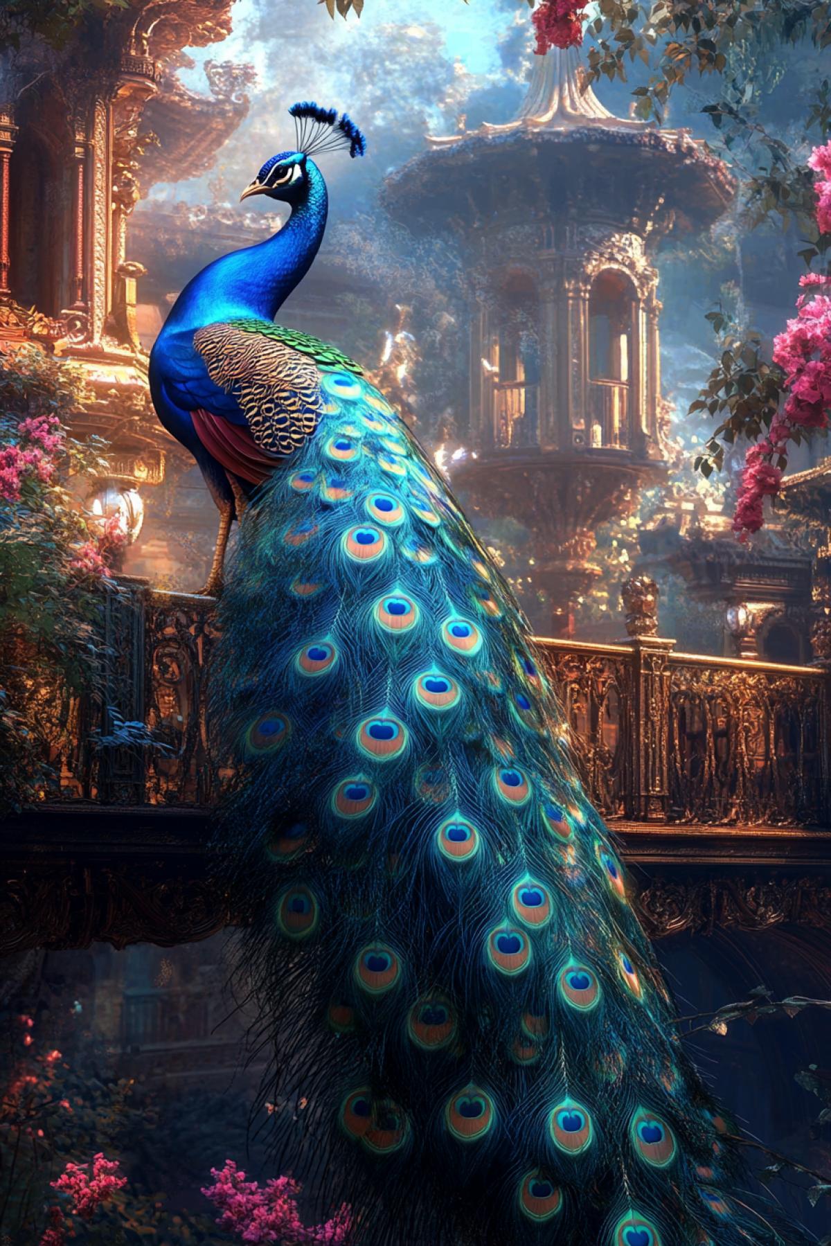 A fairytale bright peacock with an open tail against the background of an anime palace
