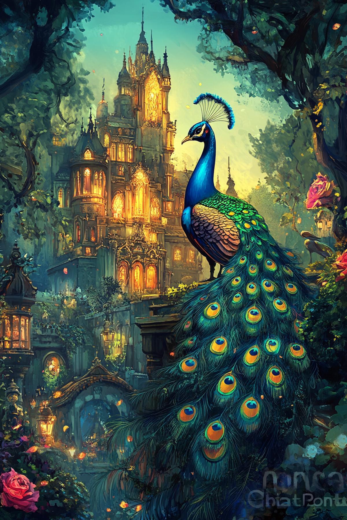 A fairytale bright peacock with an open tail against the background of an anime palace