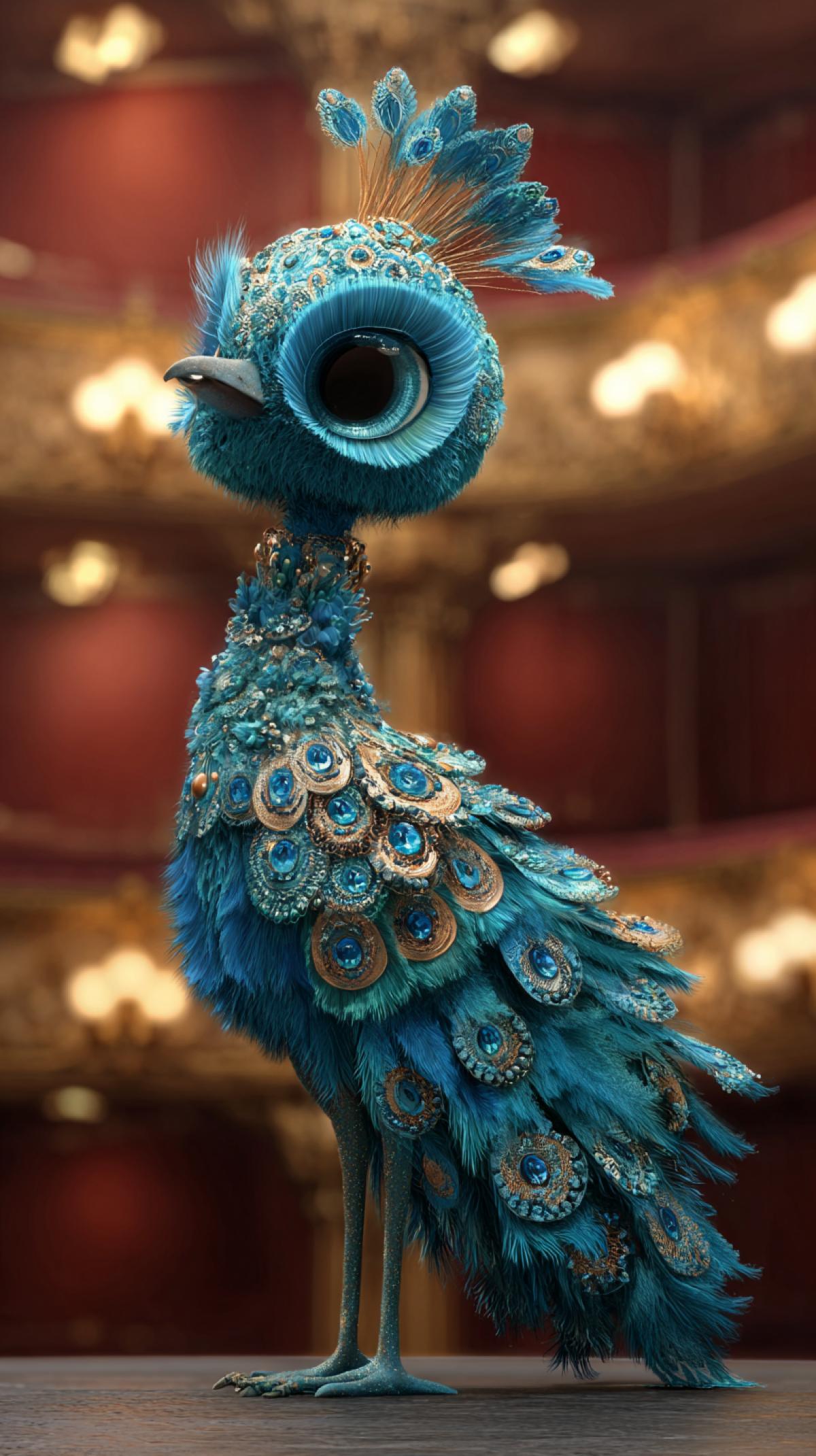 Peacock on the catwalk at the beauty contest Pixar caricature