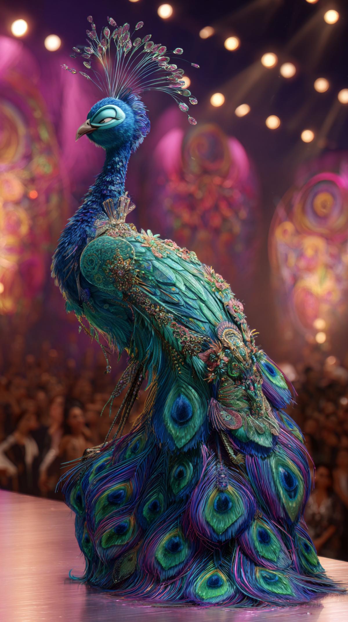 Peacock on the catwalk at the beauty contest Pixar caricature