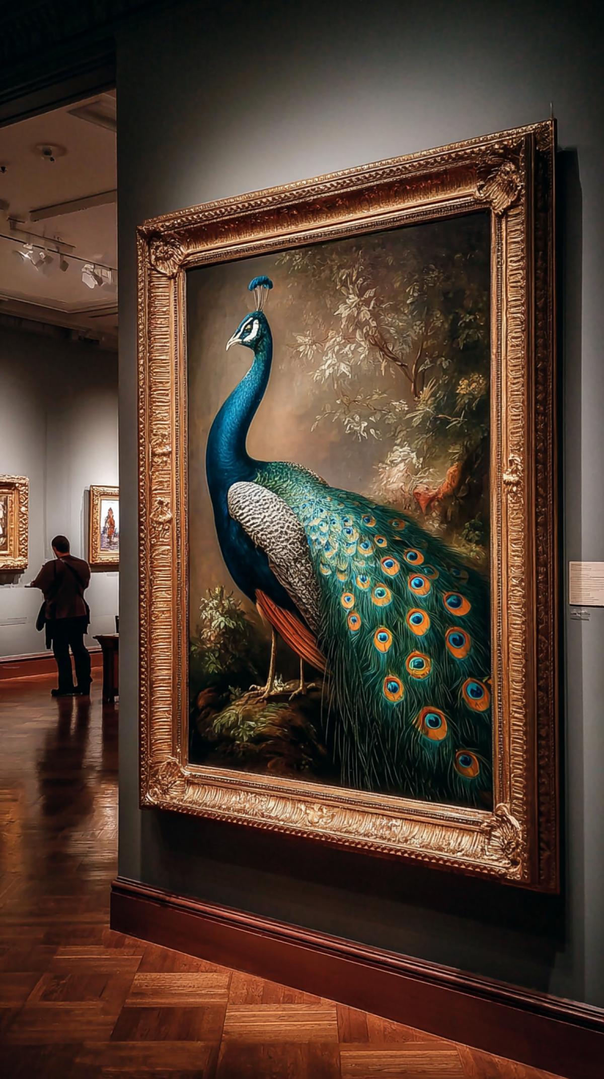 An exquisite oil painting of a majestic peacock in the style of a classical Dutch Golden Age masterpiece, richly detailed with vibrant colors and intricate feather patterns. The painting is prominently displayed in a grand art gallery, set within an ornate golden frame, under a focused spotlight. The background shows other art pieces and subtly blurred gallery visitors. Atmospheric, museum quality. style raw