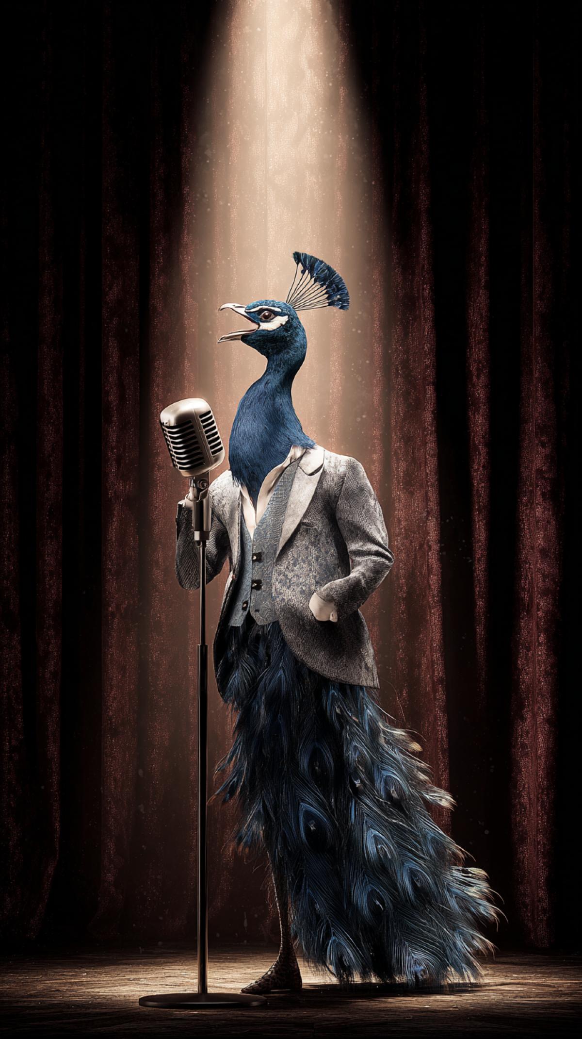An elegant, anthropomorphic peacock singer, standing confidently center stage under a dramatic spotlight, holding a vintage microphone. He wears a stylish, tailored suit that complements his vibrant tail feathers. The background shows plush velvet curtains and a cheering audience. Photorealistic, Photoshop. Dynamic 4k, Hes yelling funny into the microphone, expressive, detailed design. style raw