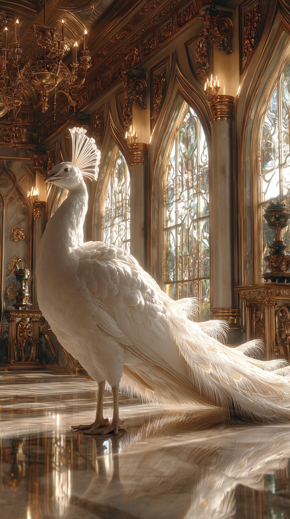 A majestic, photorealistic albino peacock with pristine white feathers, gracefully perched amidst the opulent interiors of a grand royal castle. Sunlight streams through high arched windows, casting dramatic shadows on gilded accents and polished marble floors. Ultra detailed, high resolution, cinematic lighting. style raw