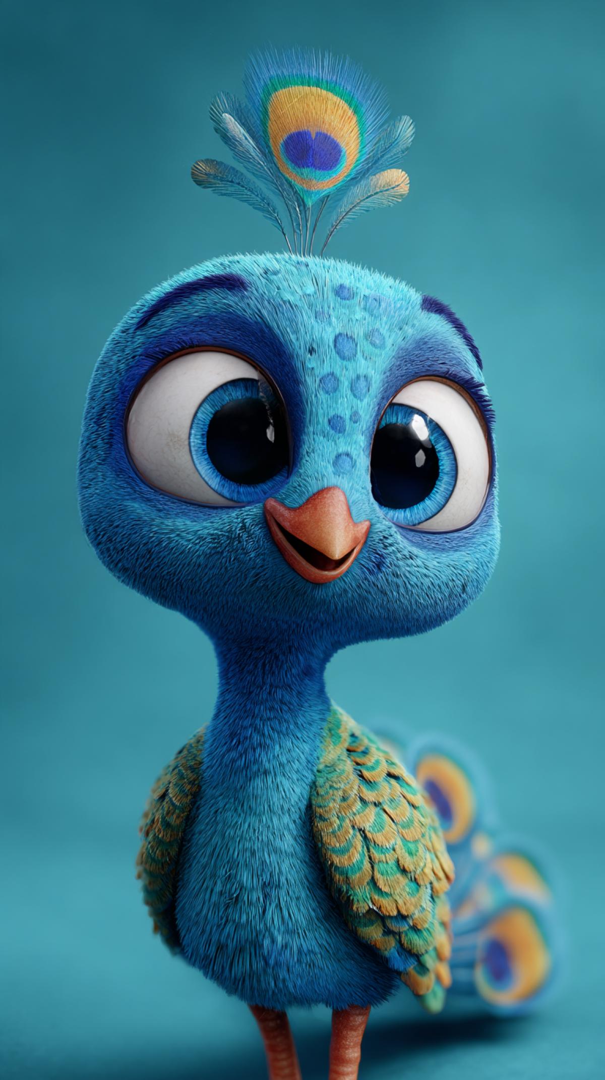 A charming, cute 3D animated peacock character, with expressive eyes and a friendly smile, in a vibrant, whimsical Pixar style childrens cartoon. Full shot, bright joyful colors, soft lighting, simple background. style raw