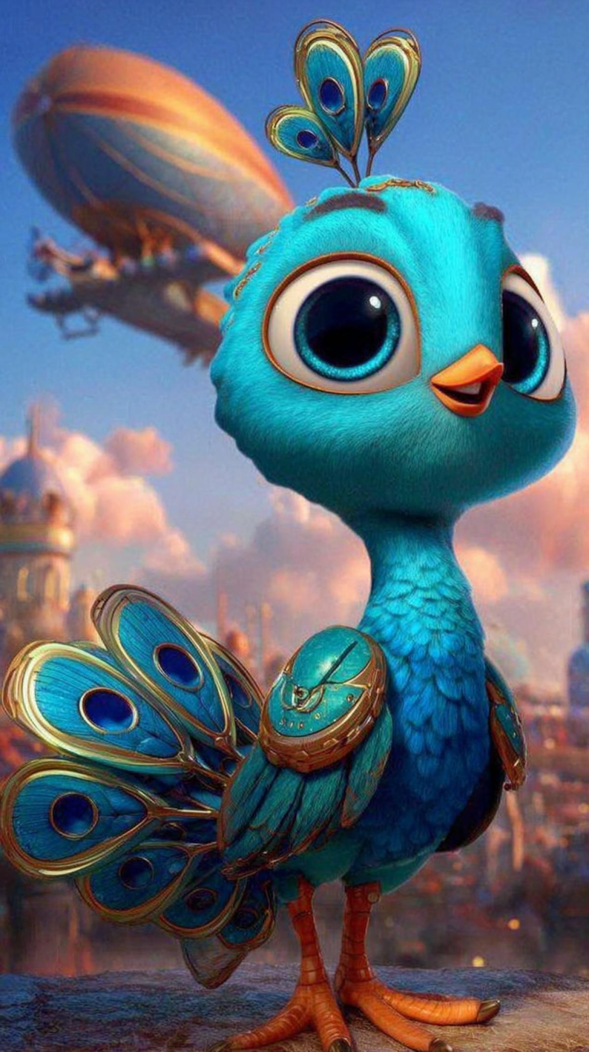 Cyberpunk, steampunk, adorable, cute 3D animated peacock with expressive eyes and a friendly smile in a bright, whimsical childrens cartoon in the style of Pixar with steampunk elements. Full-length image, bright, cheerful colors, soft lighting, background with an airship in the sky, cyberpunk style.