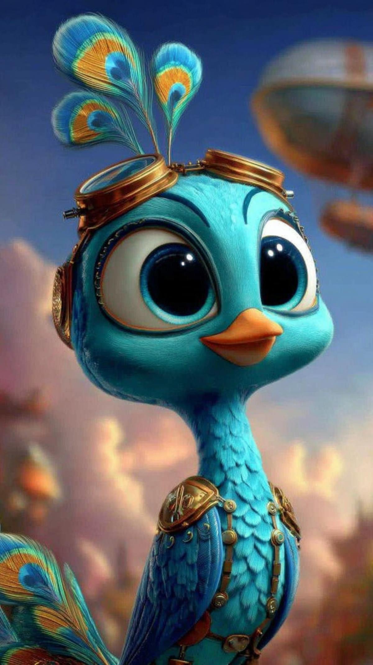 Cyberpunk, steampunk, adorable, cute 3D animated peacock with expressive eyes and a friendly smile in a bright, whimsical childrens cartoon in the style of Pixar with steampunk elements. Full-length image, bright, cheerful colors, soft lighting, background with an airship in the sky, cyberpunk style.