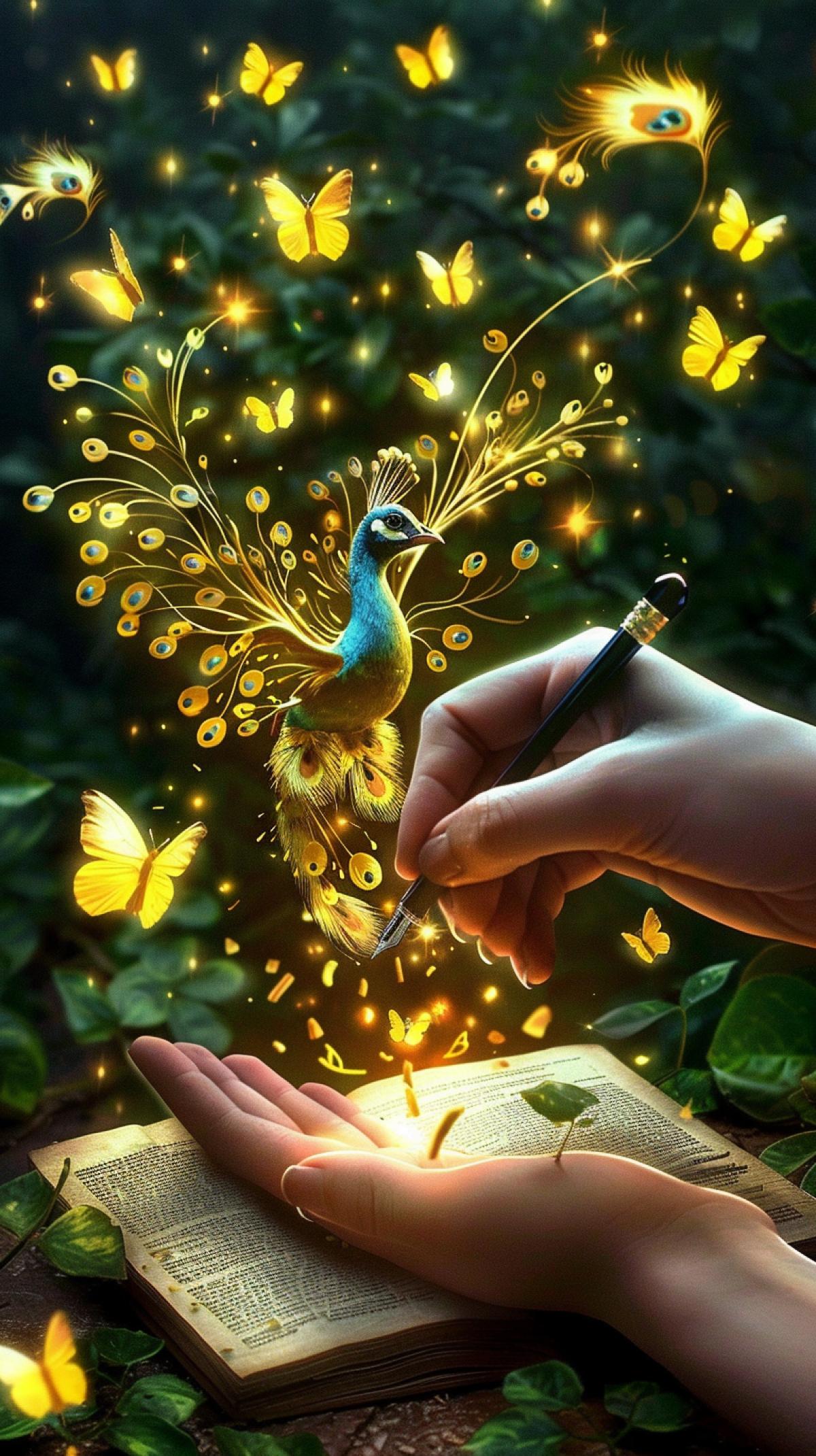 3d, Hand with fountain pen, liquid dreams flowing like ink, from which a graceful little albino peacock emerges in a swirl of yellow luminescent butterflies, alchemical forest appearing on enchanted parchment, floating ink drops, vibrant colors, ancient book texture, soft diffused lighting, magical realism atmosphere, super detailed foliage, tactile ink marks. ar 9:16
