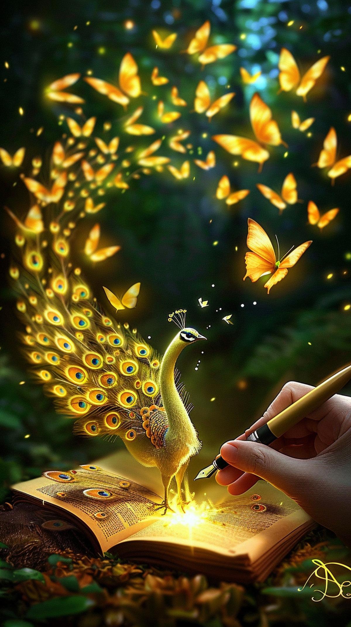 3d, Hand with fountain pen, liquid dreams flowing like ink, from which a graceful little albino peacock emerges in a swirl of yellow luminescent butterflies, alchemical forest appearing on enchanted parchment, floating ink drops, vibrant colors, ancient book texture, soft diffused lighting, magical realism atmosphere, super detailed foliage, tactile ink marks. ar 9:16