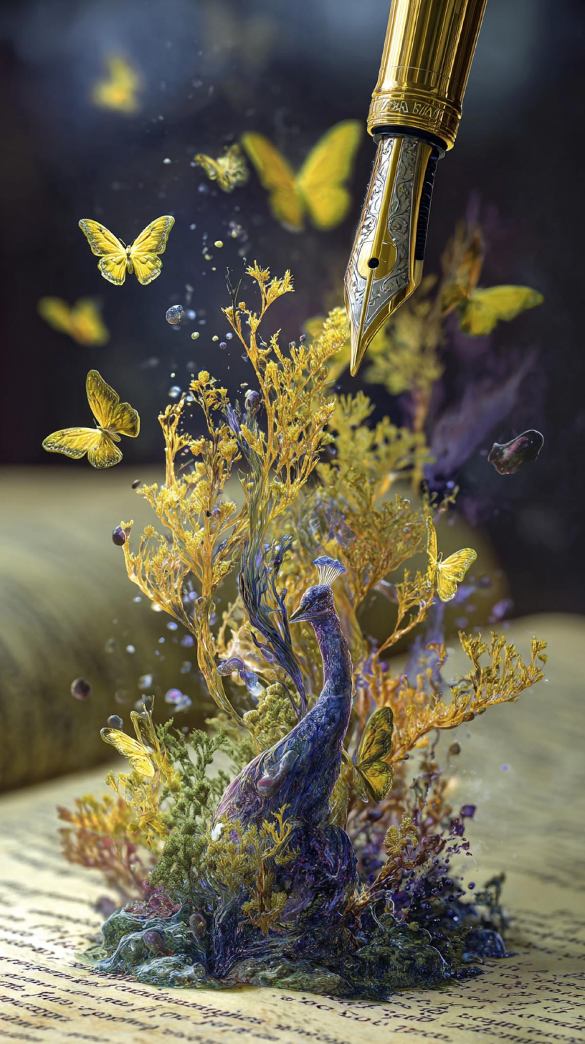 3d, Hand with fountain pen, liquid dreams flowing like ink, from which a graceful little albino peacock emerges in a swirl of yellow luminescent butterflies, alchemical forest appearing on enchanted parchment, floating ink drops, vibrant colors, ancient book texture, soft diffused lighting, magical realism atmosphere, super detailed foliage, tactile ink marks. ar 9:16