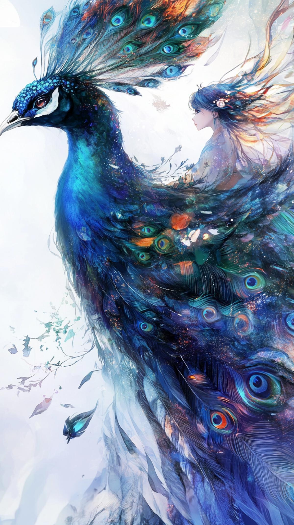 Japanese anime, stylization, fantasy style, fabulously beautiful, mythical peacock with LED inserts in plumage and a girl in anime style, a beautiful little girl on a mythical peacock flies, intricate hairstyle by Hayao Miyazaki, double exposure clear, detailed, octane, layering, gentle, unusual