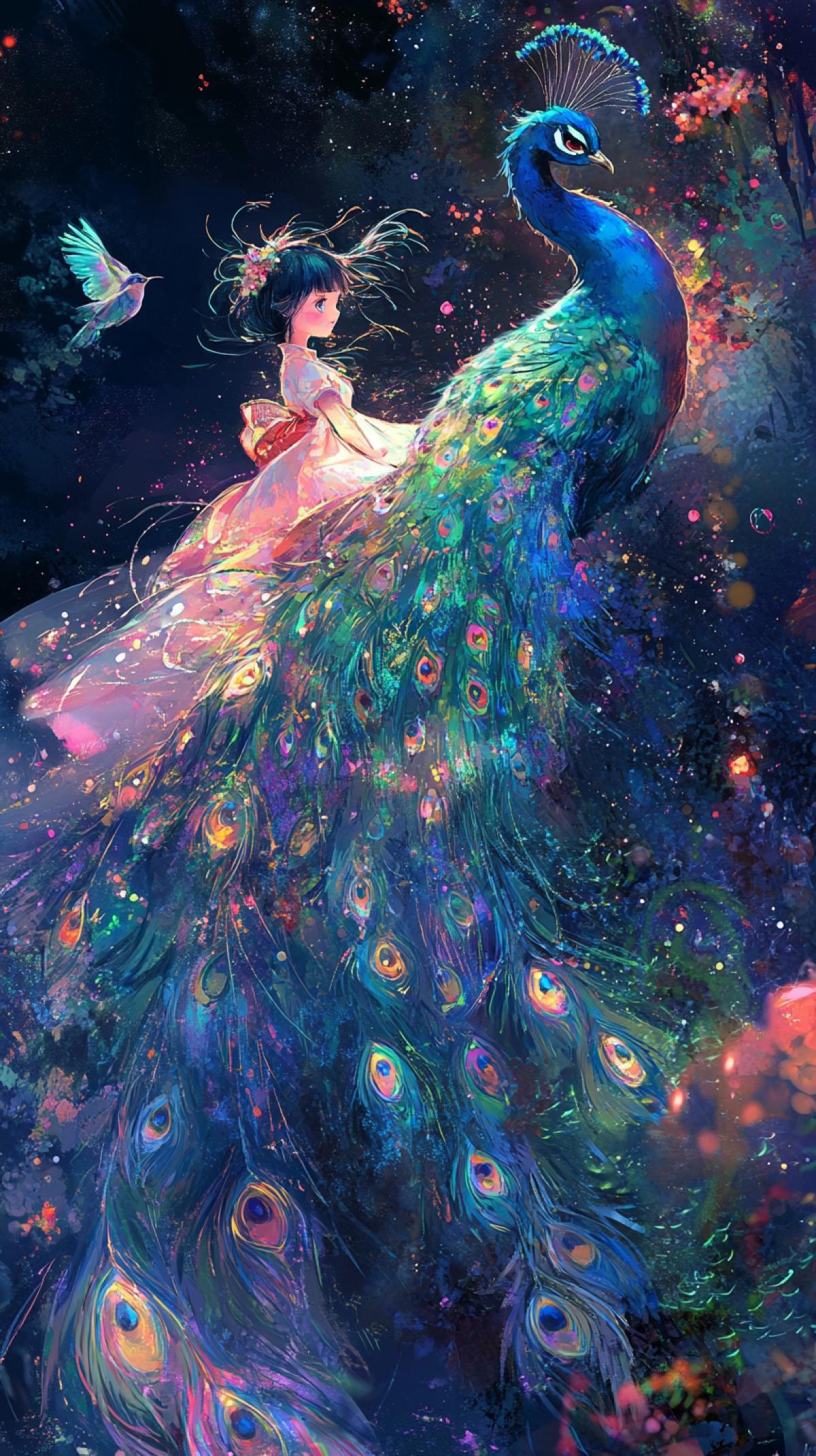 Japanese anime, stylization, fantasy style, fabulously beautiful, mythical peacock with LED inserts in plumage and a girl in anime style, a beautiful little girl on a mythical peacock flies, intricate hairstyle by Hayao Miyazaki, double exposure clear, detailed, octane, layering, gentle, unusual