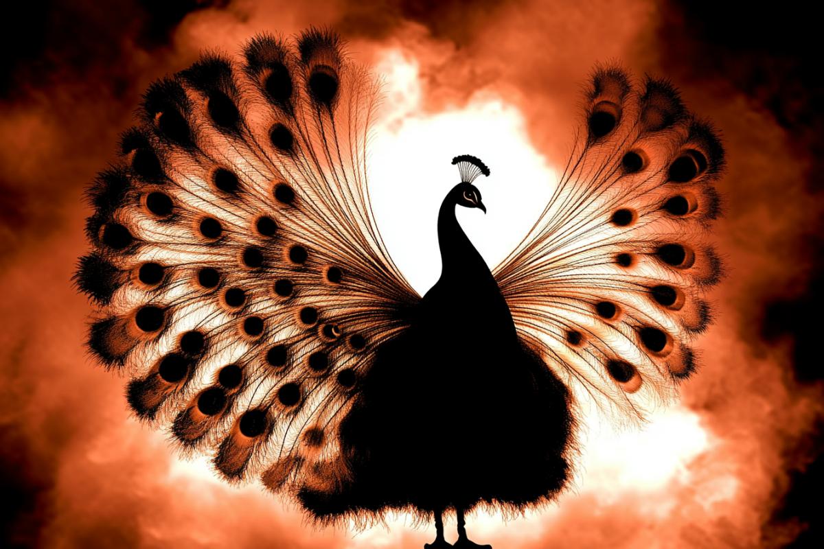 A majestic peacock with its tail spread like a control panel, repairing a steam mechanism in a dark steampunk workshop. Its feathers shimmer with copper and bronze tones, surrounded by gears and smoking pipes. The camera captures the bird from above, highlighting the intricate mechanics and tail elegance. Soft orange lighting creates a cinematic atmosphere. The background features vintage tools and steam, emphasizing the unusual angle and technological style.