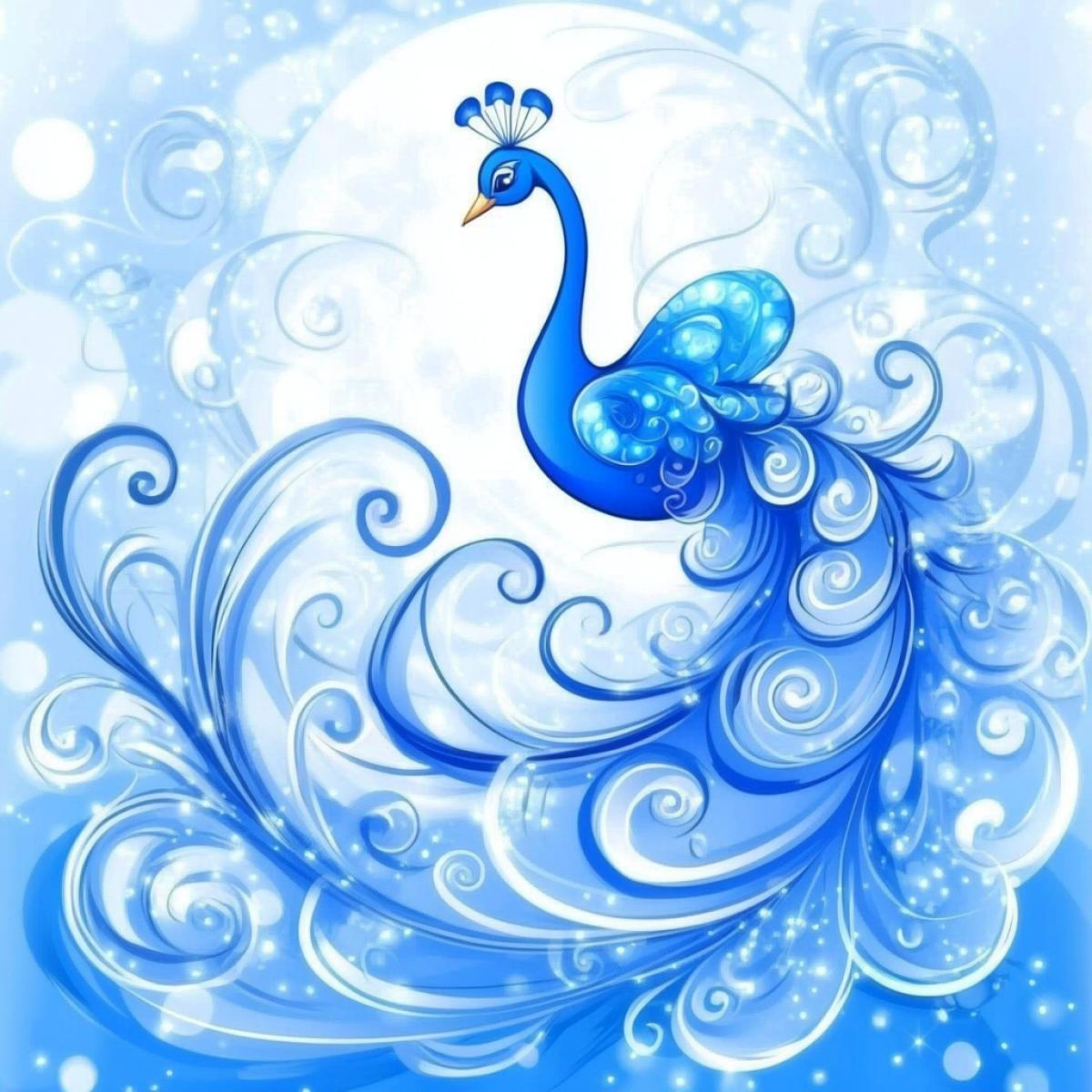 A graceful peacock performs a dance on a mirror-like lake surface, reflecting its tail as a galaxy under moonlight. Feathers glow with neon and turquoise hues, creating a cybernetic effect. The camera moves sideways, capturing the dance and water reflection. The setting is a calm night with a shimmering lake, emphasizing the abstract style and unusual angle. The atmosphere is filled with soft radiance.