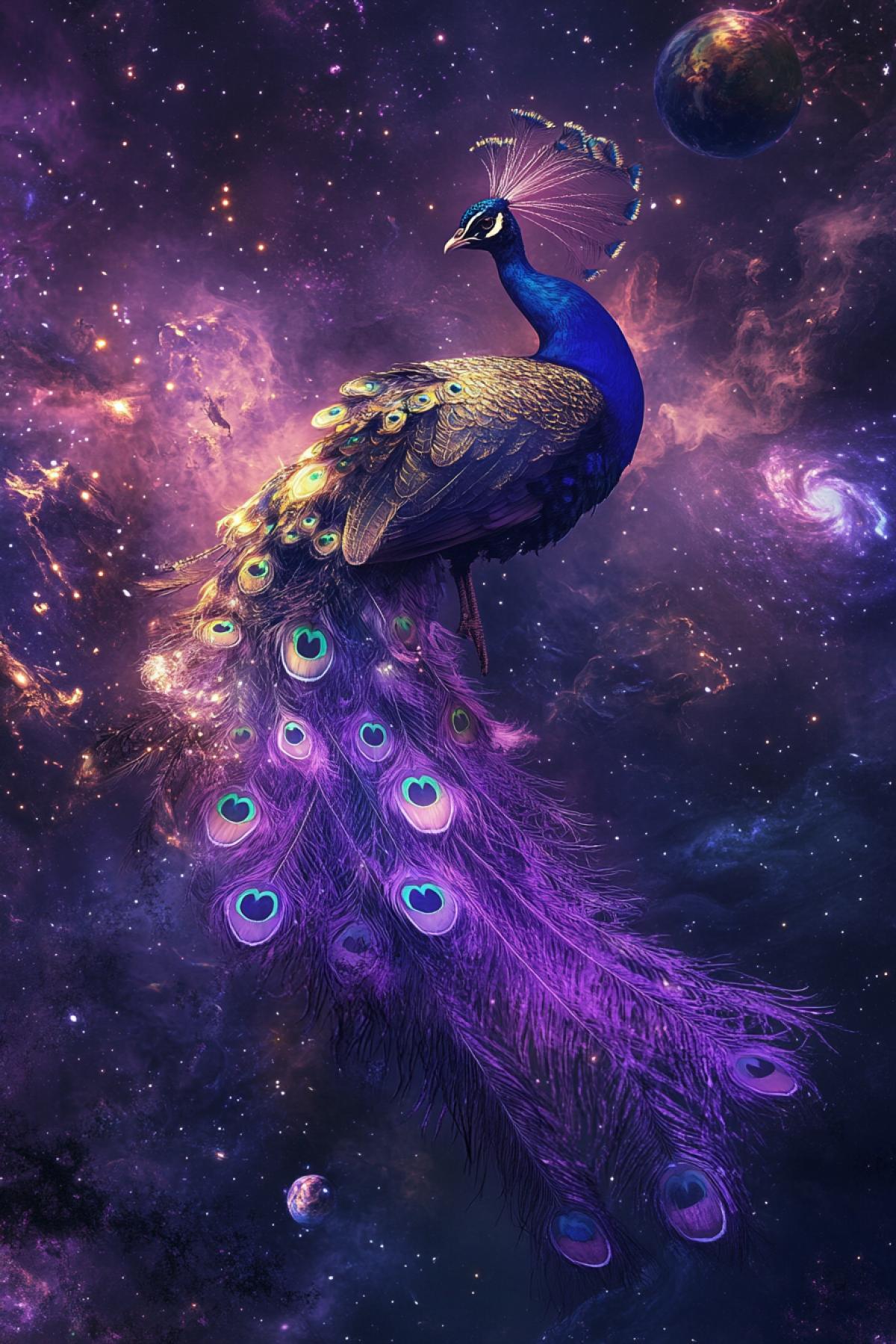 A peacock floats in outer space, its tail glowing like a constellation among stars and planets. Feathers shimmer with purple and gold hues, creating a surreal effect. The camera angles from below, highlighting the majestic wingspan. The background features deep space with nebulae, adding a fantastical style and unusual perspective. The light is soft and starry.