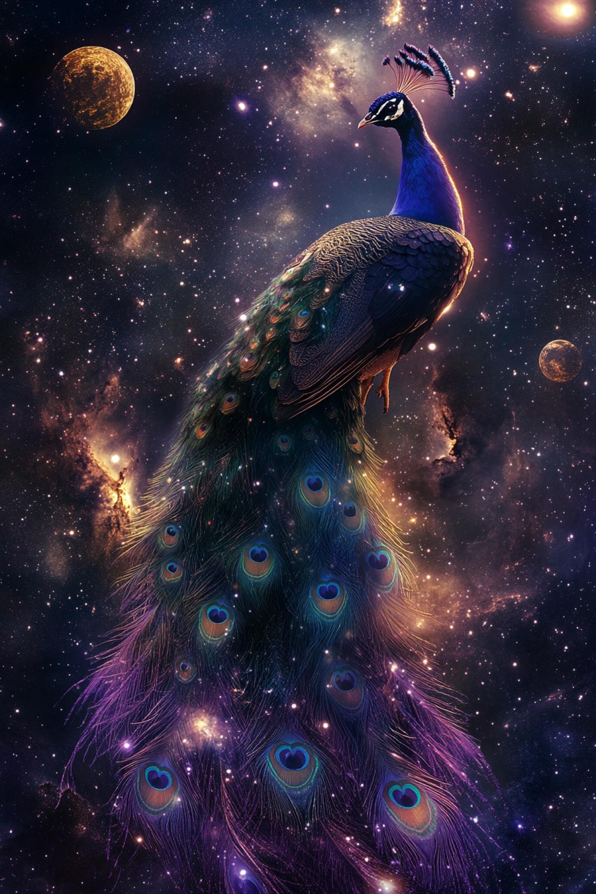 A peacock floats in outer space, its tail glowing like a constellation among stars and planets. Feathers shimmer with purple and gold hues, creating a surreal effect. The camera angles from below, highlighting the majestic wingspan. The background features deep space with nebulae, adding a fantastical style and unusual perspective. The light is soft and starry.