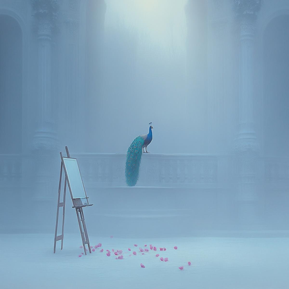 A live peacock 4ks for an artist painting its portrait in oil on an easel. The camera captures the bird from the side, highlighting its proud stance and shimmering tail. The style is classic oil painting with deep colors. The setting is a bright workshop with scattered paints, creating a creative atmosphere and unusual perspective.