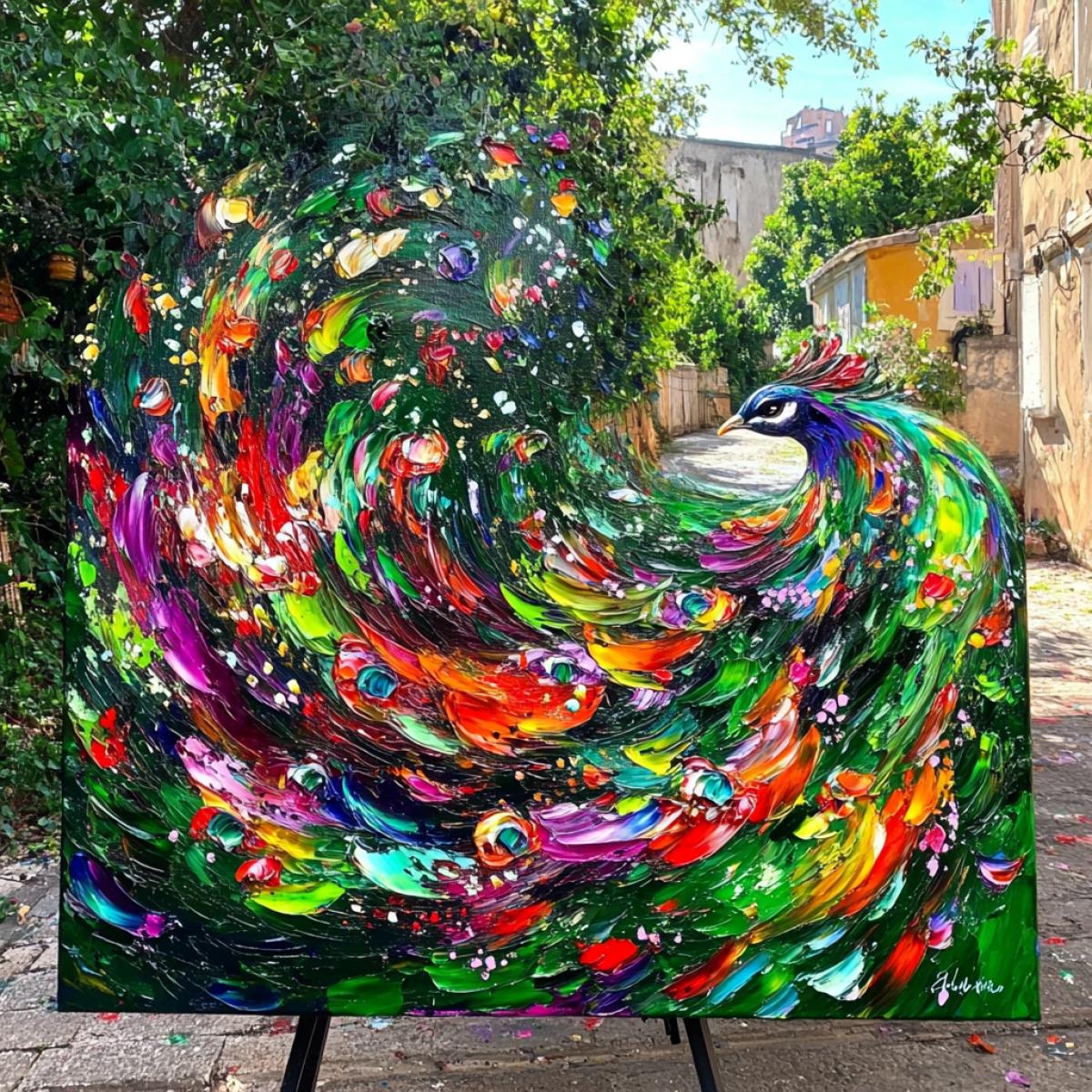A live peacock 4ks for an artist painting its portrait in oil on an easel. The camera captures the bird from the side, highlighting its proud stance and shimmering tail. The style is classic oil painting with deep colors. The setting is a bright workshop with scattered paints, creating a creative atmosphere and unusual perspective.