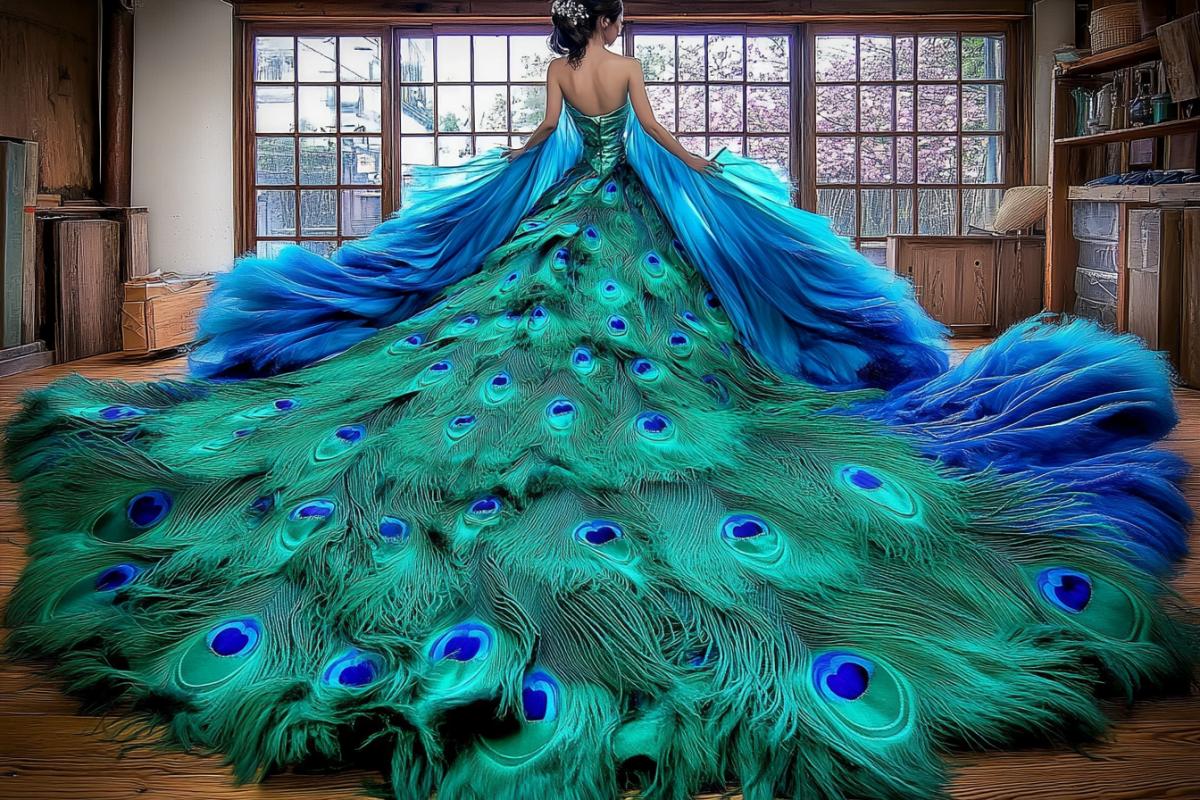 A craftswoman in a Japanese kimono sits by large open windows in a workshop, embroidering a tapestry featuring a peacock. The focus is on the peacock’s lush tail, crafted with vibrant, iridescent threads in green, blue, and gold hues. Daylight floods the room, highlighting the embroidery details. Outside the windows, a blooming Japanese style garden with bamboo and cherry blossoms unfolds. The camera captures the embroidery as the centerpiece in close-up, framed by the airy workshop interior with tatami mats and wooden panels. The atmosphere is serene, with an unusual perspective through the window.