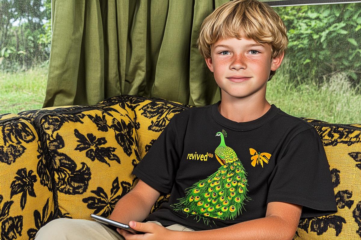 A child with a tablet looks at his room through the tablet screen, and sees a peacock on the screen in his room. In the photo a closeup tablet with a \"revived\" peacock in the interior of a modern nursery, and the hands that hold it around the tablet is a continuation of the same interior, but without a peacock.