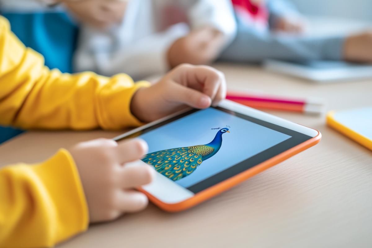 A child with a tablet looks at his room through the tablet screen, and sees a peacock on the screen in his room. In the photo a closeup tablet with a \"revived\" peacock in the interior of a modern nursery, and the hands that hold it around the tablet is a continuation of the same interior, but without a peacock.