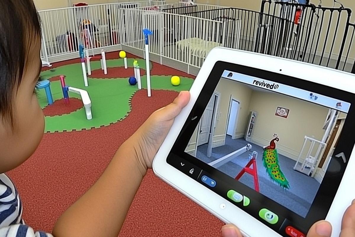 A child with a tablet looks at his room through the tablet screen, and sees a peacock on the screen in his room. In the photo a closeup tablet with a \"revived\" peacock in the interior of a modern nursery, and the hands that hold it around the tablet is a continuation of the same interior, but without a peacock.