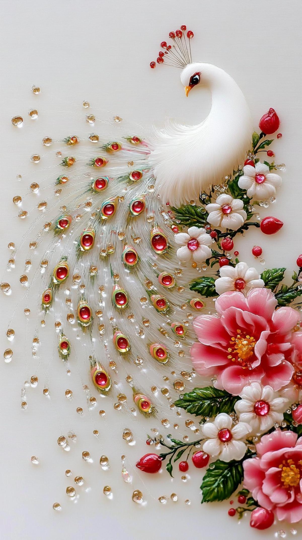 Abstraction.. Electrodynamic aesthetics.. Electromagnetic waves.. White background.. Opal.. Blooming rosehip branch + albino peacock with gorgeous plumage in dew drops. Splashes, thin swarms, glitter, sfumato