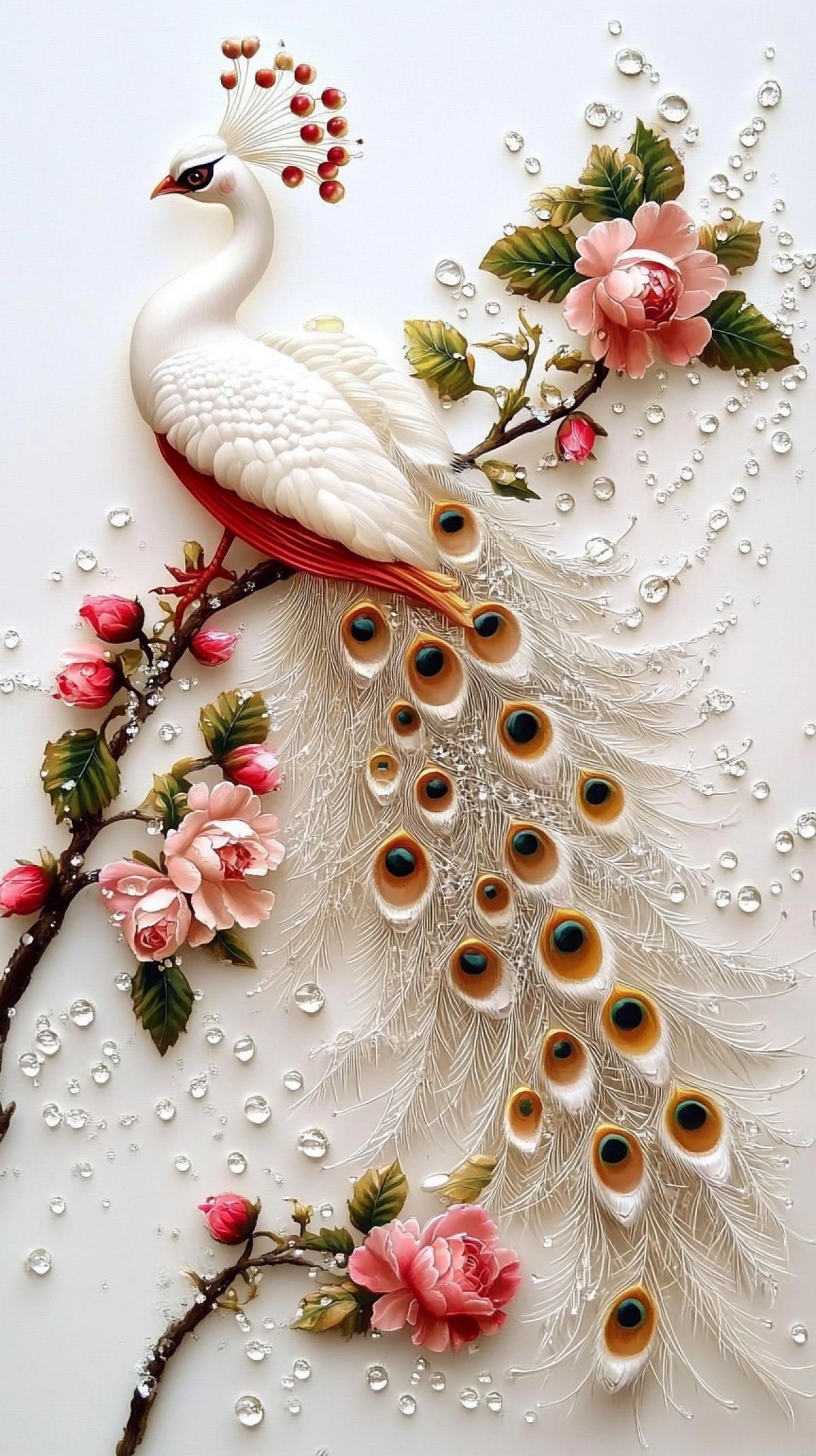 Abstraction.. Electrodynamic aesthetics.. Electromagnetic waves.. White background.. Opal.. Blooming rosehip branch + albino peacock with gorgeous plumage in dew drops. Splashes, thin swarms, glitter, sfumato