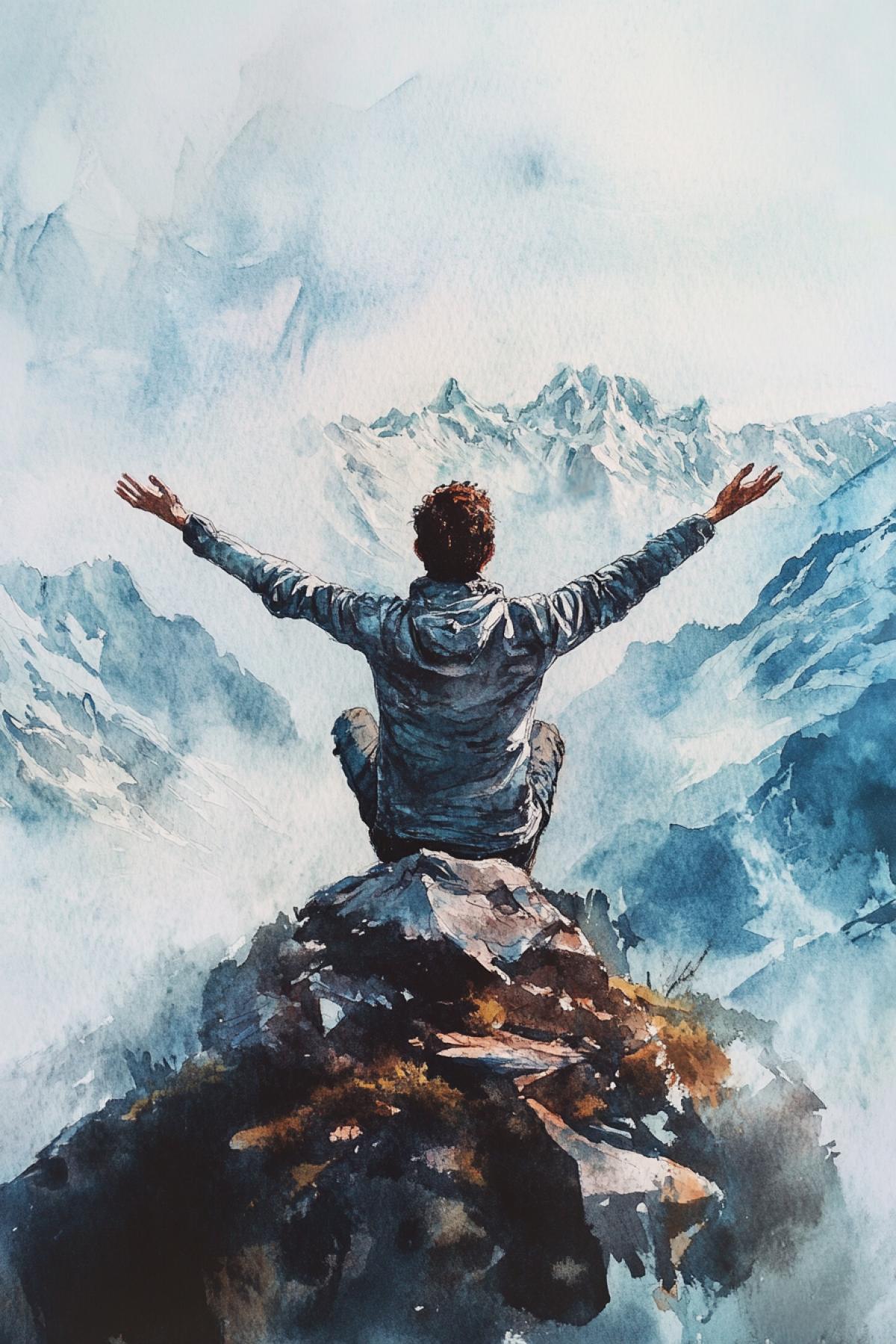 At the top of the mountain, a man spread his hands a feeling of complete freedom and independence in watercolor style
