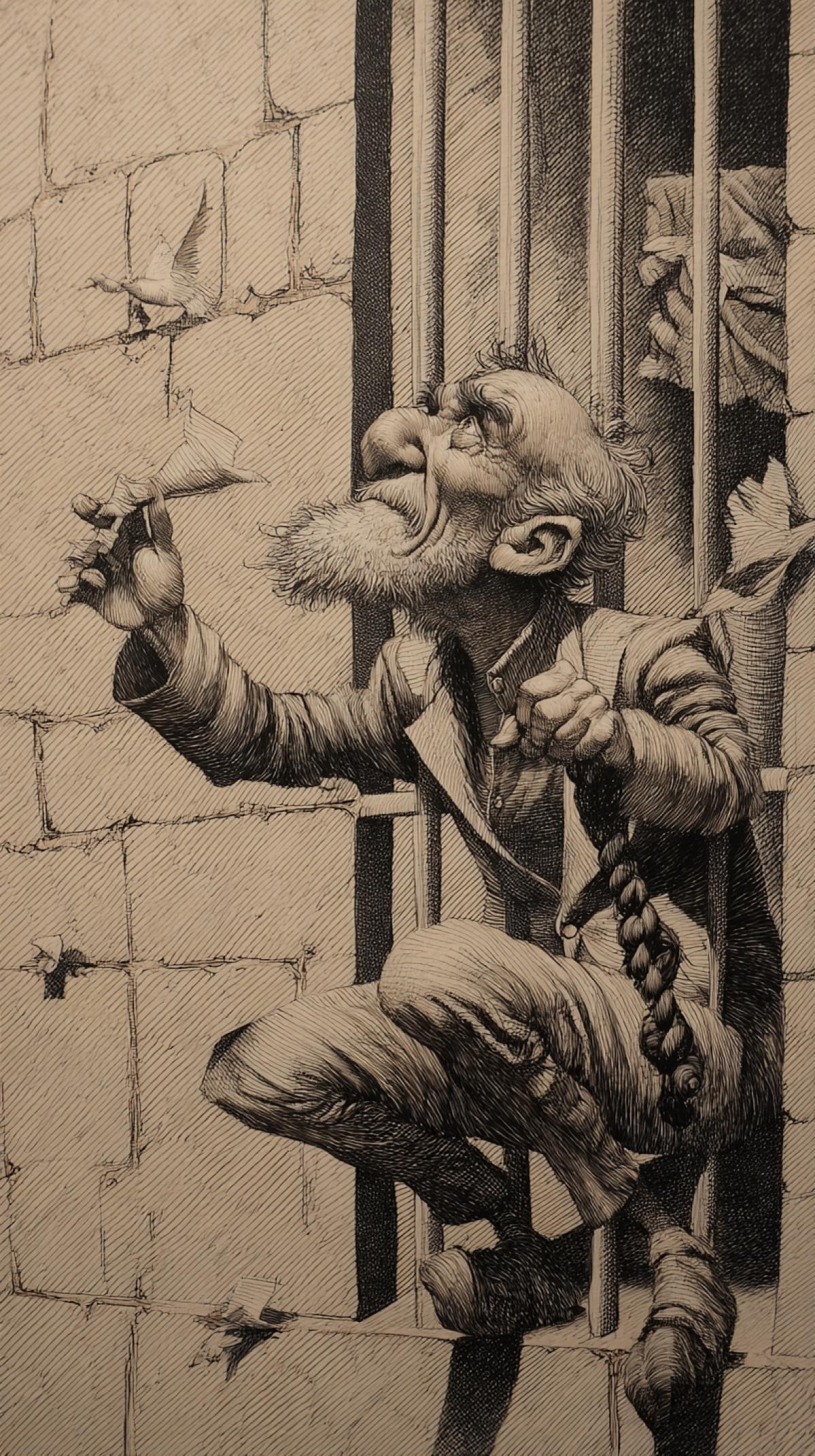 Release of a prisoner from prison, freedom, caricature