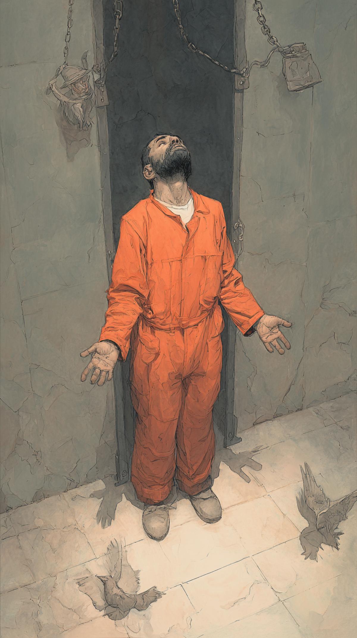 Release of a prisoner from prison, freedom, caricature