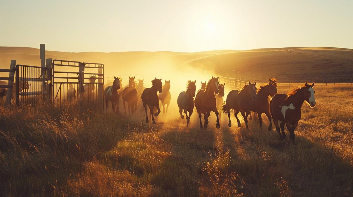 The horse’s herd runs out of the large gate in the prairie. Bright colors, golden hour, photography, high quality. National Geographic Style. Wide format.