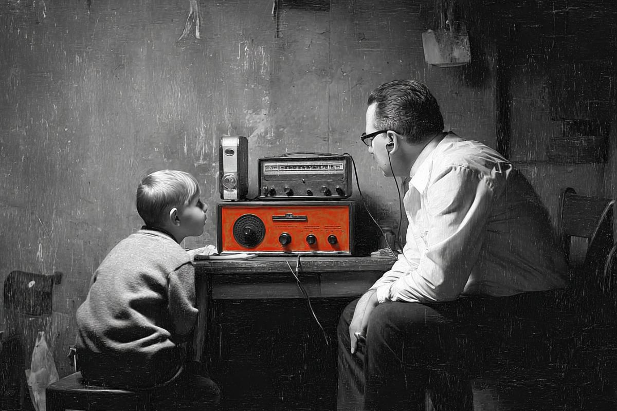 The father and son are listening to an old radio. The entire photo is dark and white, but the radio has bright, saturated colors.