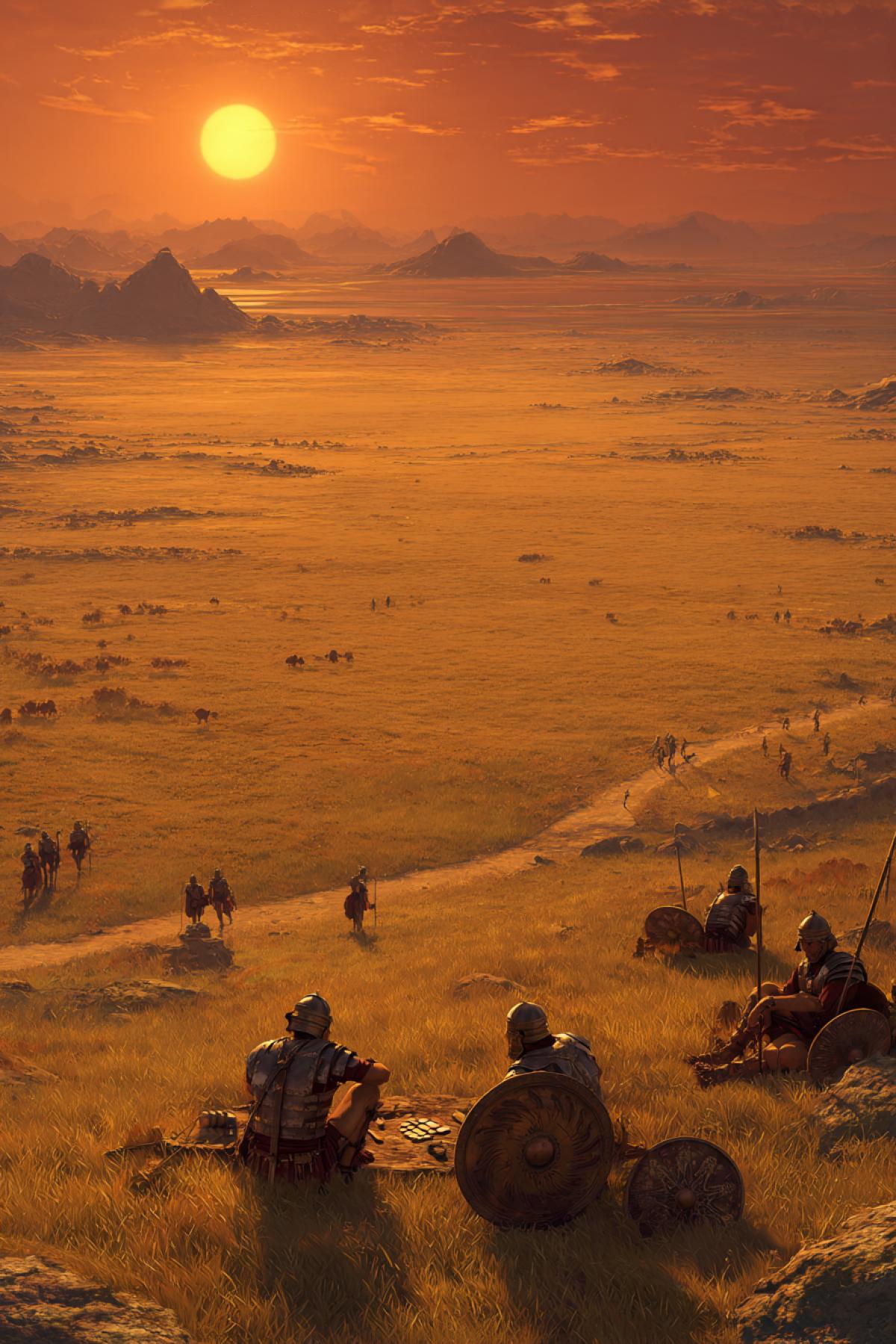Aerial view from 5 meters height. A vast golden plain with sparse grass stretches to the horizon under a deep crimson sunset. Roman legionaries in battle-worn armor are gathered together, some playing cards while others rest. One soldier looks toward the sunset where layers of amber and violet blend behind distant mountain silhouettes. Their shields and spears rest nearby, reflecting the fading light. Travelers in simple medieval clothing move along a dirt path in the background. The scene has subtle dark red vignetting at the edges. Hyper-realistic, cinematic com4k, 8K resolution, intricate details, warm and cool color contrast, precise lighting.