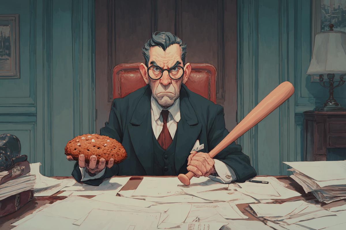 A serious official is sitting at the table in a solid road room, he has a large gingerbread in his left hand, and in his right hand a baseball bat, on the table business papers