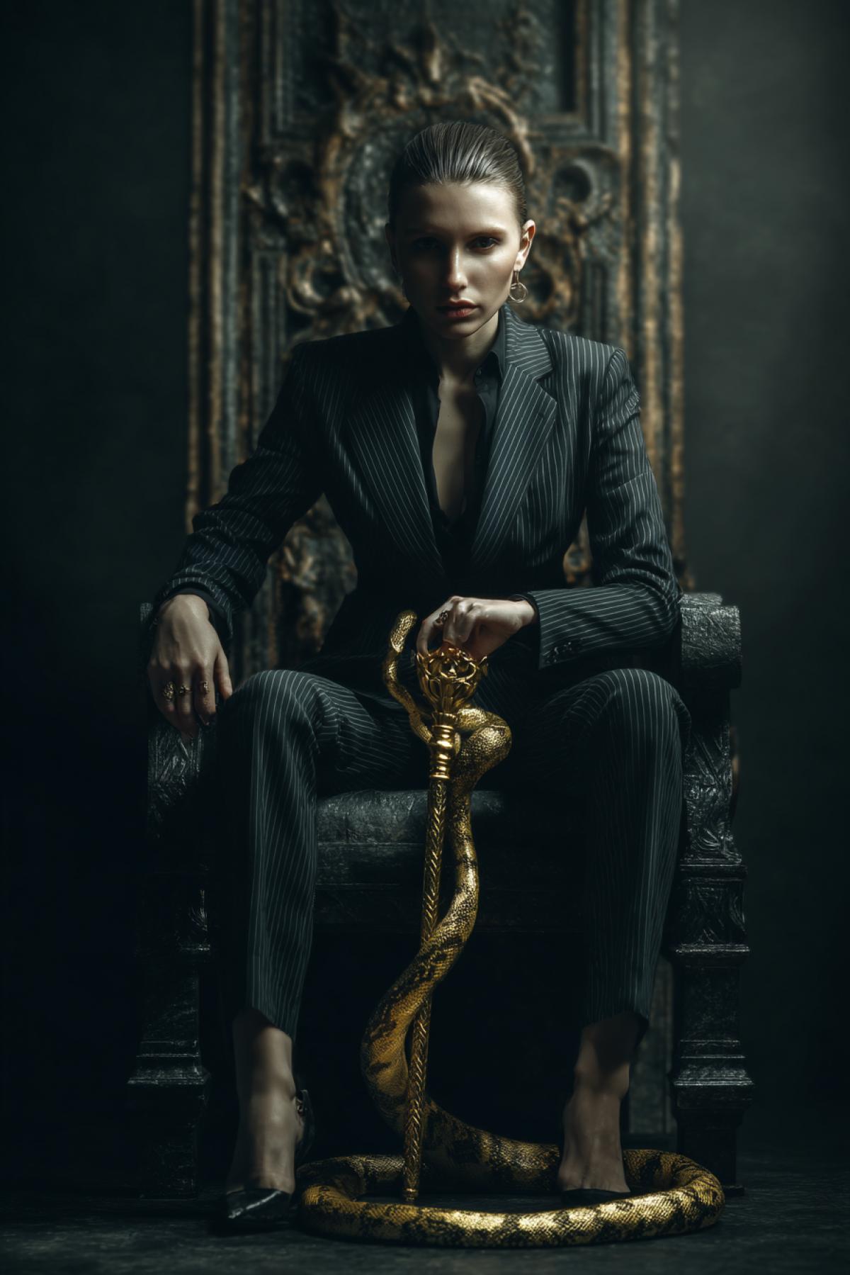 ultra-realistic photo, a powerful woman in a dark tailored suit sitting on a stone throne, her hand gripping a golden scepter shaped like a serpent, dramatic side lighting, dark royal background, sharp focus, cinematic look