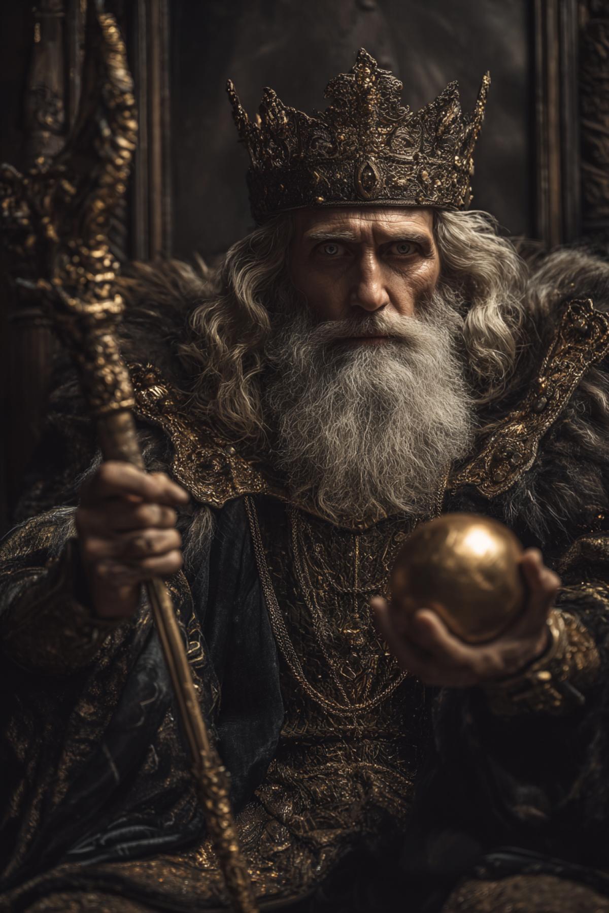 ultra-realistic photo, a king in full regalia seated on a dark throne, wearing a heavy crown, looking directly into the camera, one hand raised with a golden orb, the other holding a scepter, dramatic lighting, background lost in shadow