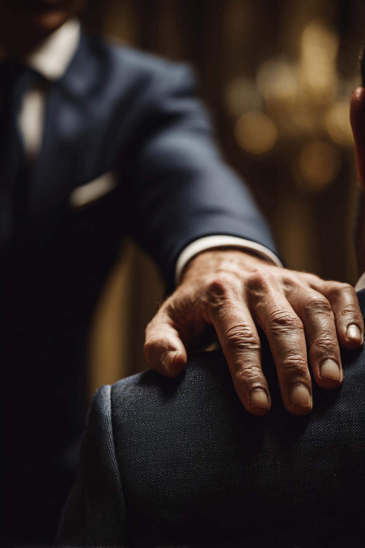 high-resolution photo, close-up of a firm male hand gripping the shoulder of a kneeling person, authority and dominance, expensive suit sleeve with cufflinks visible, blurred ceremonial hall in the background, shallow depth of field