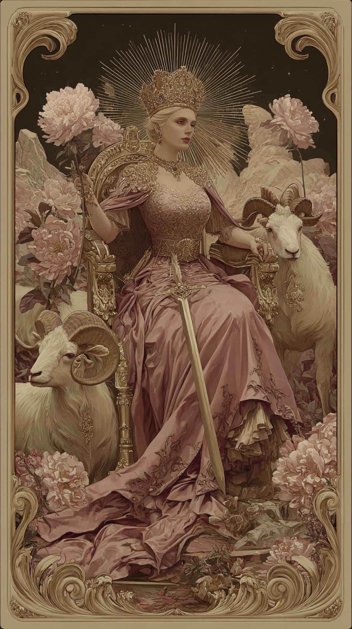 A regal figure, resplendent in pink and gold, sits on a throne, crowned. The Emperor holds a sword, and on each side of the throne are animals, each with its own unique features. A white ram with curved horns, and on the other side is a figure of a white goat with a curved horn. The throne is set against the backdrop of a majestic mountain, blooming with delicate white and pink peonies, and the scene is framed by an ornate gold border with swirls. The image is a combination of fantasy and grandeur, with emphasis on the central figure and her surroundings.