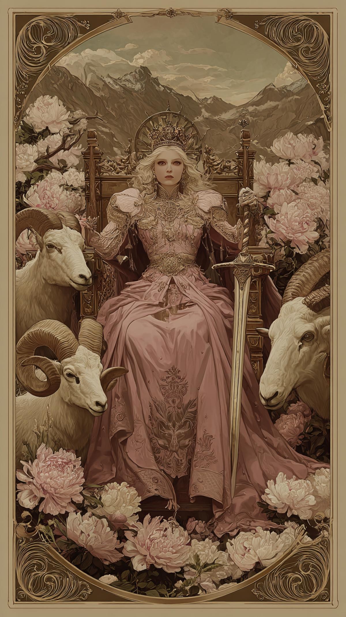A regal figure, resplendent in pink and gold, sits on a throne, crowned. The Emperor holds a sword, and on each side of the throne are animals, each with its own unique features. A white ram with curved horns, and on the other side is a figure of a white goat with a curved horn. The throne is set against the backdrop of a majestic mountain, blooming with delicate white and pink peonies, and the scene is framed by an ornate gold border with swirls. The image is a combination of fantasy and grandeur, with emphasis on the central figure and her surroundings.