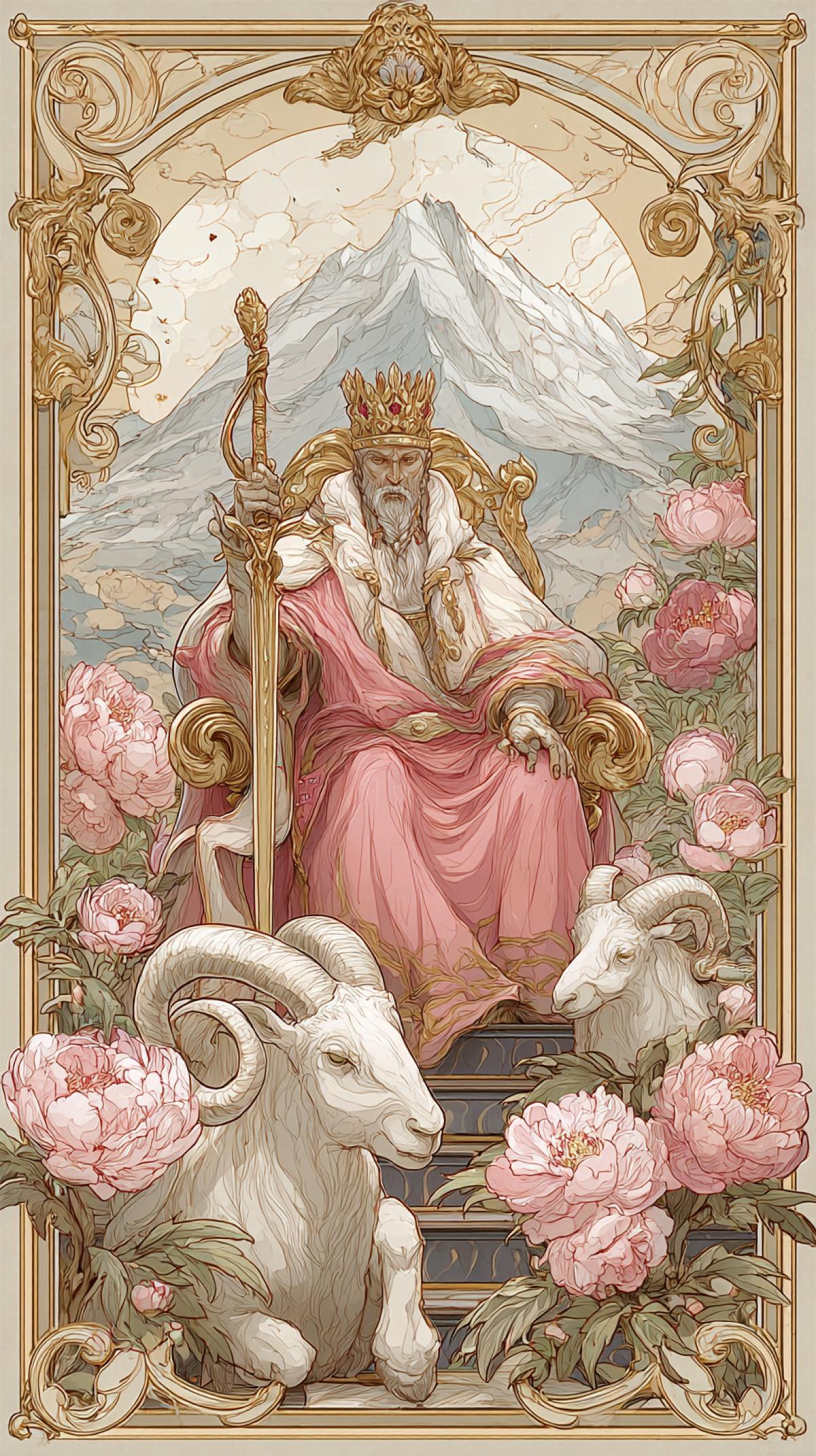 A regal figure, king resplendent in pink and gold, sits on a throne, crowned. The Emperor holds a sword, and on each side of the throne are animals, each with its own unique features. A white ram with curved horns, and on the other side is a figure of a white goat with a curved horn. The throne is set against the backdrop of a majestic mountain, blooming with delicate white and pink peonies, and the scene is framed by an ornate gold border with swirls. The image is a combination of fantasy and grandeur, with emphasis on the central figure and her surroundings sref 250725