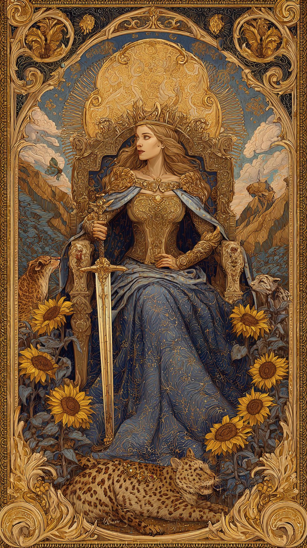 A regal figure, resplendent in blue and gold, sits on a throne, crowned. The Emperor holds a sword and a sunflower, flanked by animals, each with its own unique features. A graceful leopard, and at the foot of the throne is a figure of a salamander. The throne is set against a majestic hill, blooming with delicate sunflowers, and the scene is framed by an ornate gold border with swirls. The image is a combination of fantasy and grandeur, with emphasis on the central figure and her surroundings sref 250725