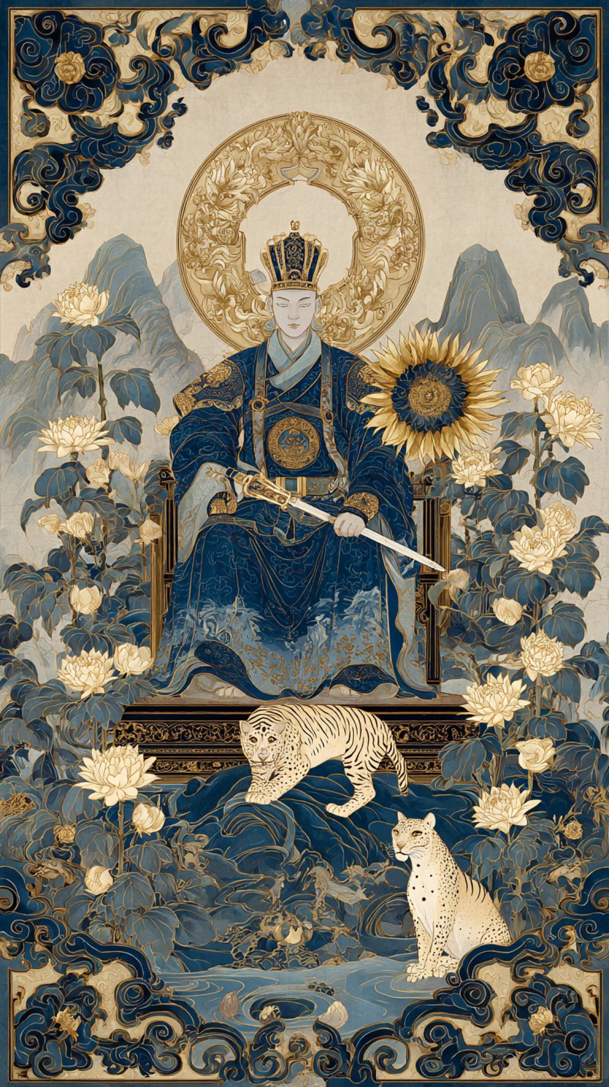 A regal figure, resplendent in blue and gold, sits on a throne, crowned. The Emperor holds a sword and a sunflower, flanked by animals, each with its own unique features. A graceful leopard, and at the foot of the throne is a figure of a salamander. The throne is set against a majestic hill, blooming with delicate sunflowers, and the scene is framed by an ornate gold border with swirls. The image is a combination of fantasy and grandeur, with emphasis on the central figure and her surroundings sref 250725