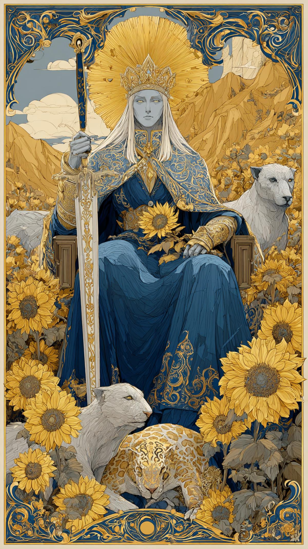 A regal figure, resplendent in blue and gold, sits on a throne, crowned. The Emperor holds a sword and a sunflower, flanked by animals, each with its own unique features. A graceful leopard, and at the foot of the throne is a figure of a salamander. The throne is set against a majestic hill, blooming with delicate sunflowers, and the scene is framed by an ornate gold border with swirls. The image is a combination of fantasy and grandeur, with emphasis on the central figure and her surroundings sref 250725