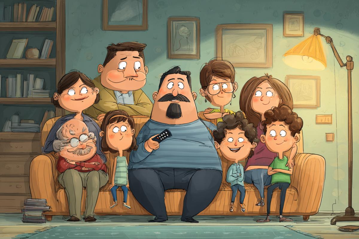 A large family gathered on the couch in front of the TV in the evening. The father proudly holds the remote control in his hand as a symbol of absolute power. All eyes are fixed on him. Style: caricature, friendly cartoon.